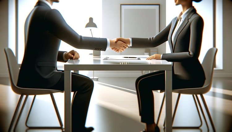 Two professionals shaking hands over a desk
