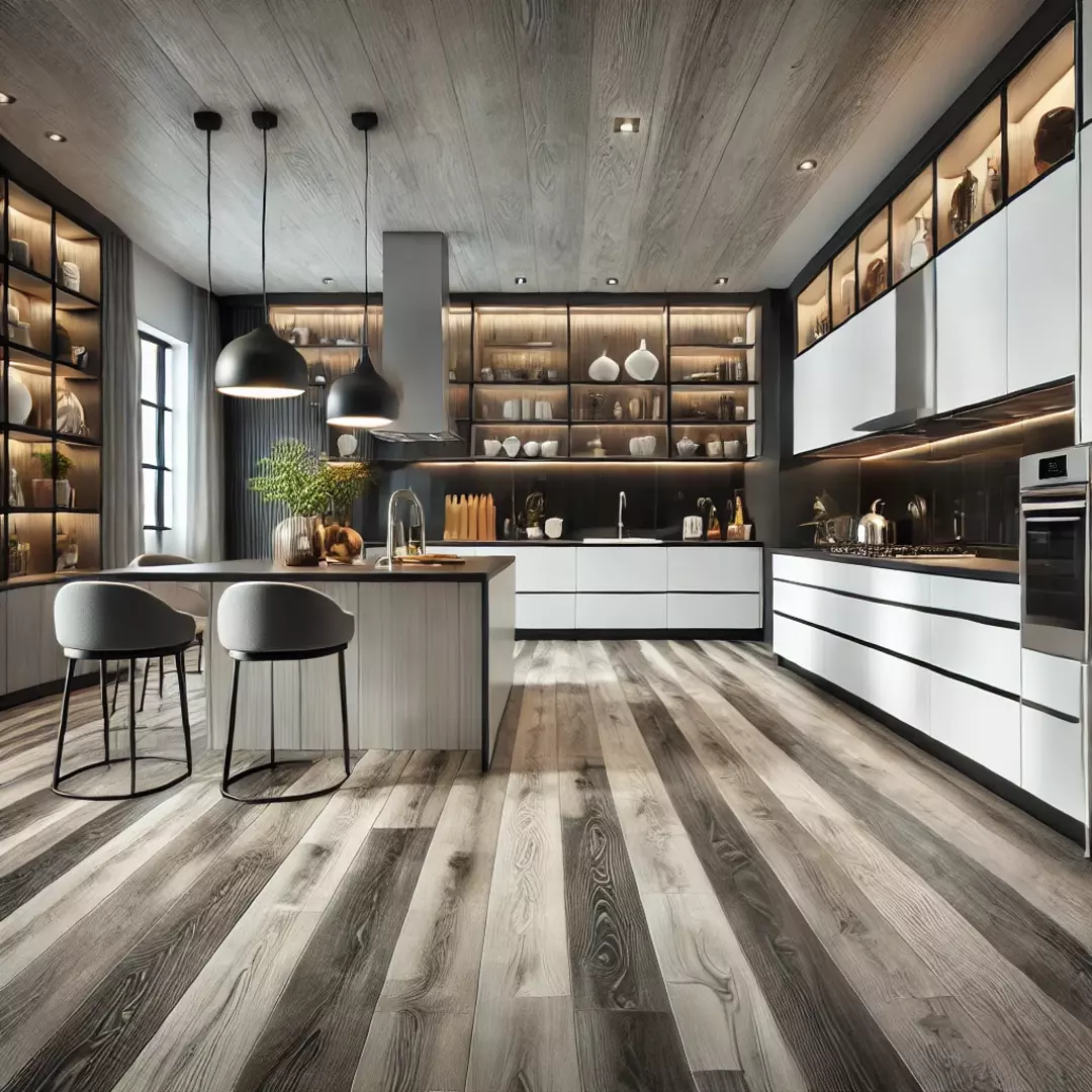  A stylish kitchen with luxury vinyl plank flooring.