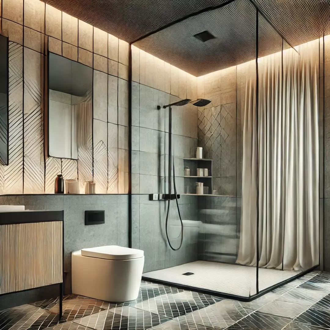 A modern bathroom with stylish tile flooring.