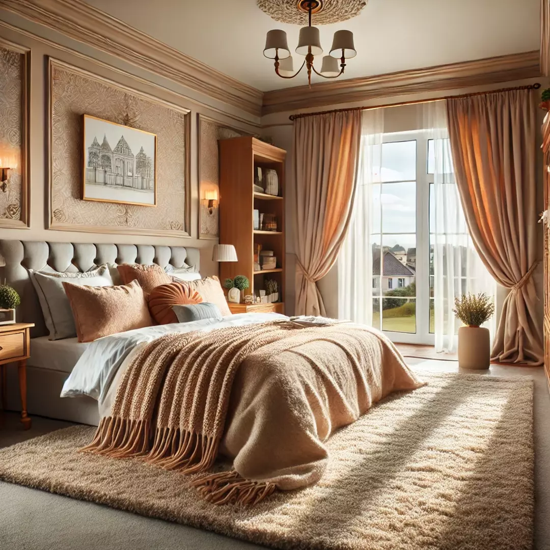 A cozy bedroom with soft carpet flooring.