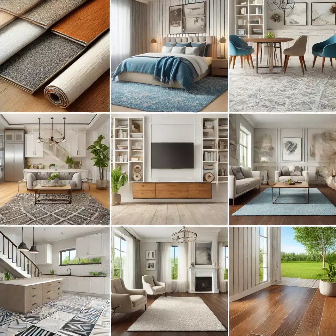 A collage showcasing different popular flooring options for 2024 remodeling projects.