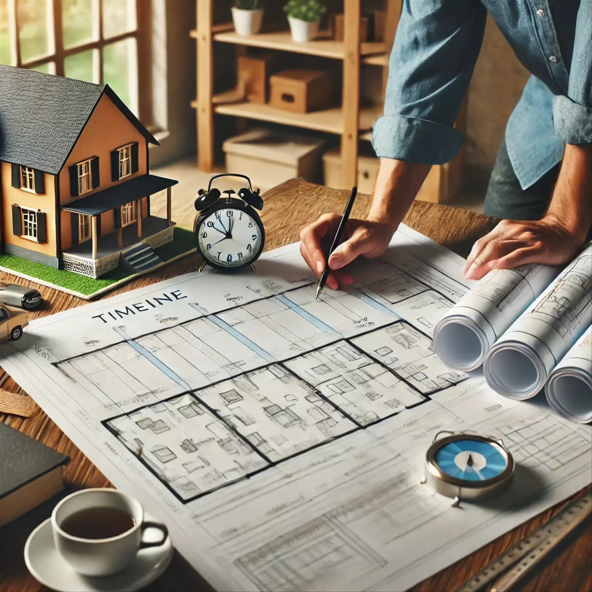 Homeowner planning a remodeling project with blueprints and a timeline chart.