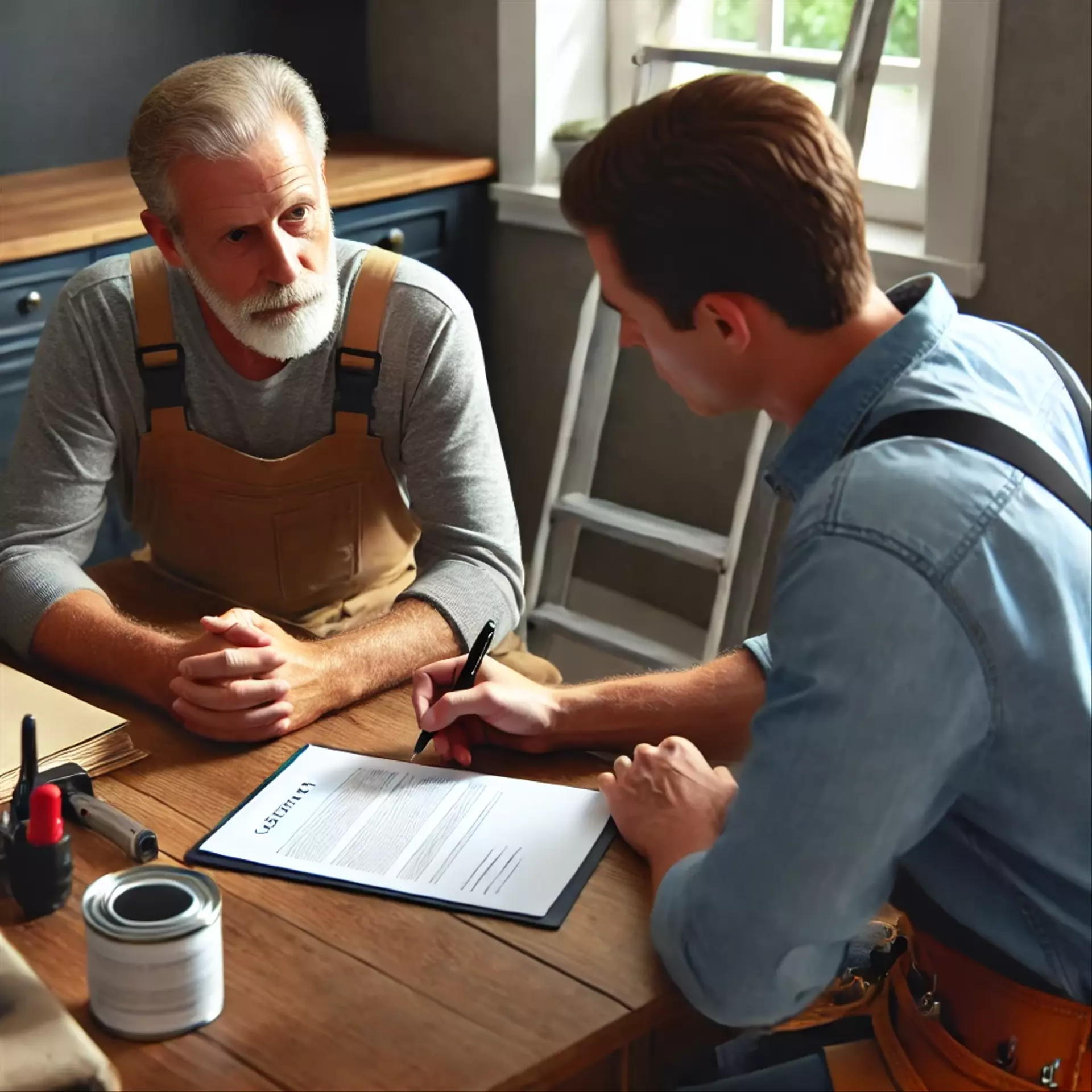 Homeowner reviewing a contract with a remodeling contractor.