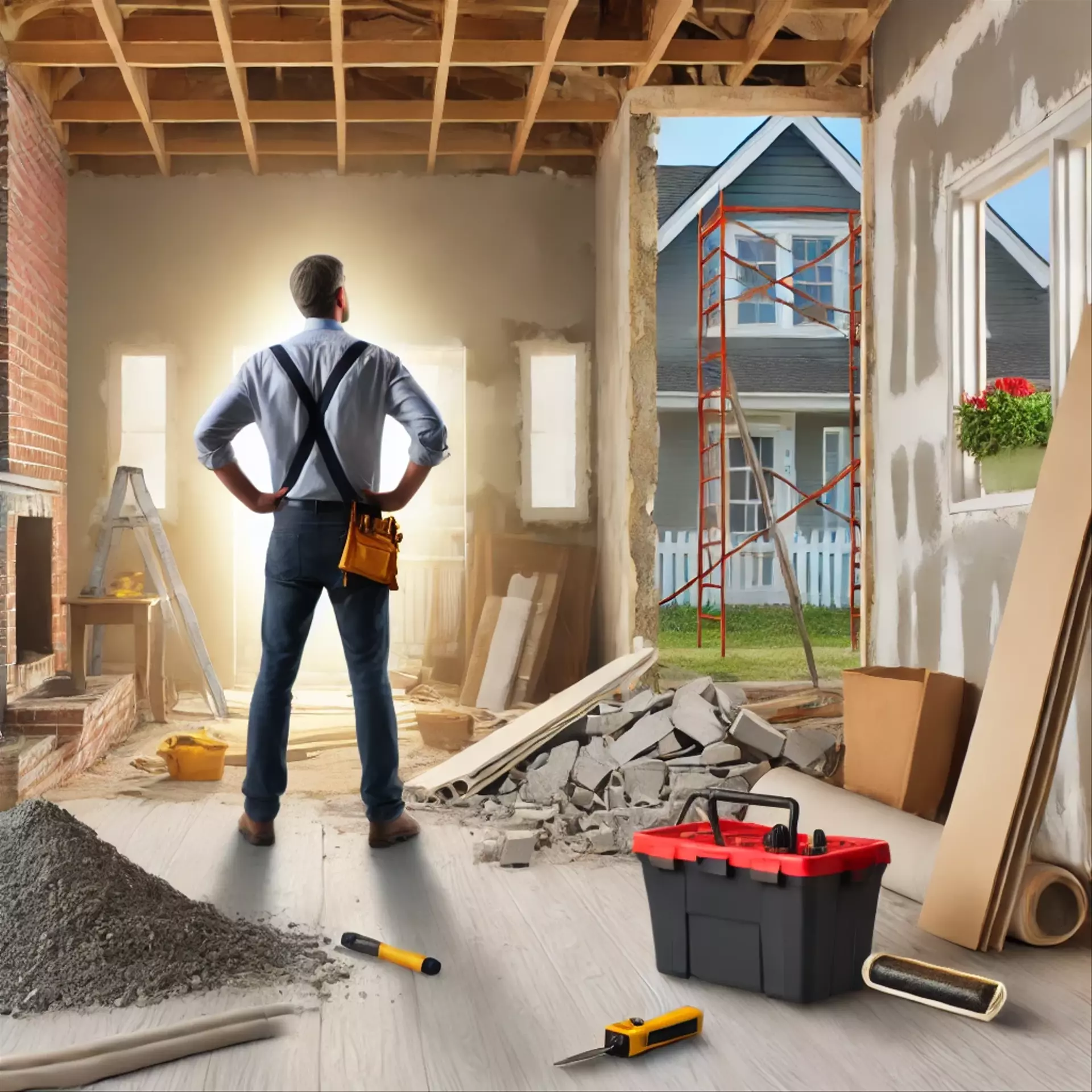 Homeowner dealing with the impact of remodeling on daily life, with construction in the background.