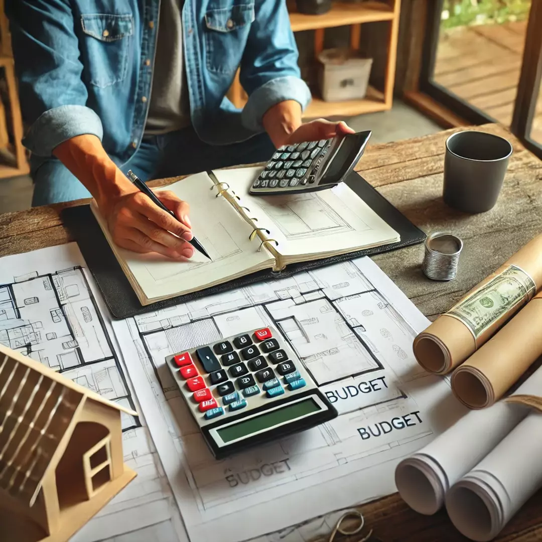 Homeowner planning a remodeling project with blueprints and a budget calculator.