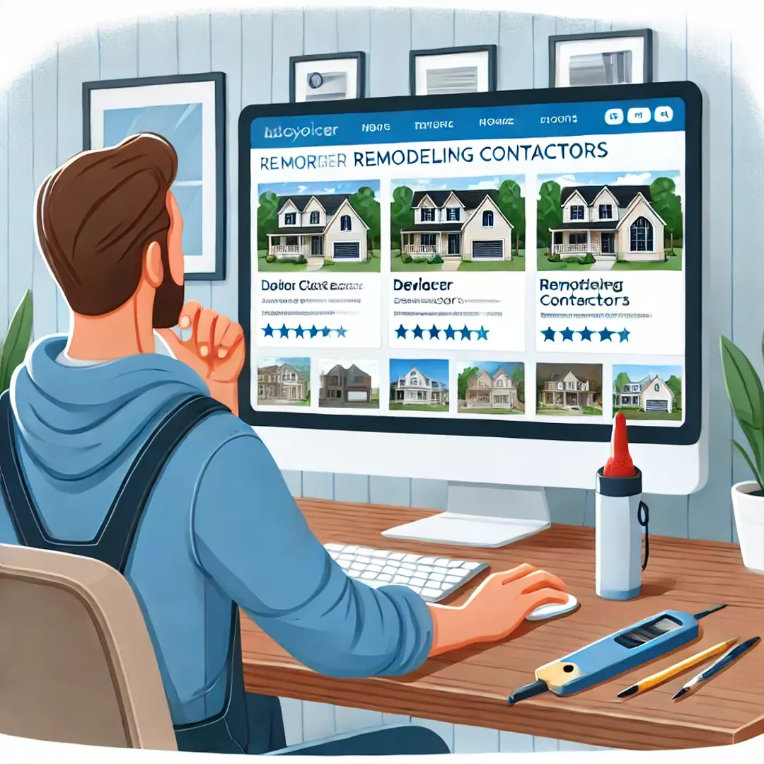 Homeowner researching remodeling contractors online and reviewing their portfolios.