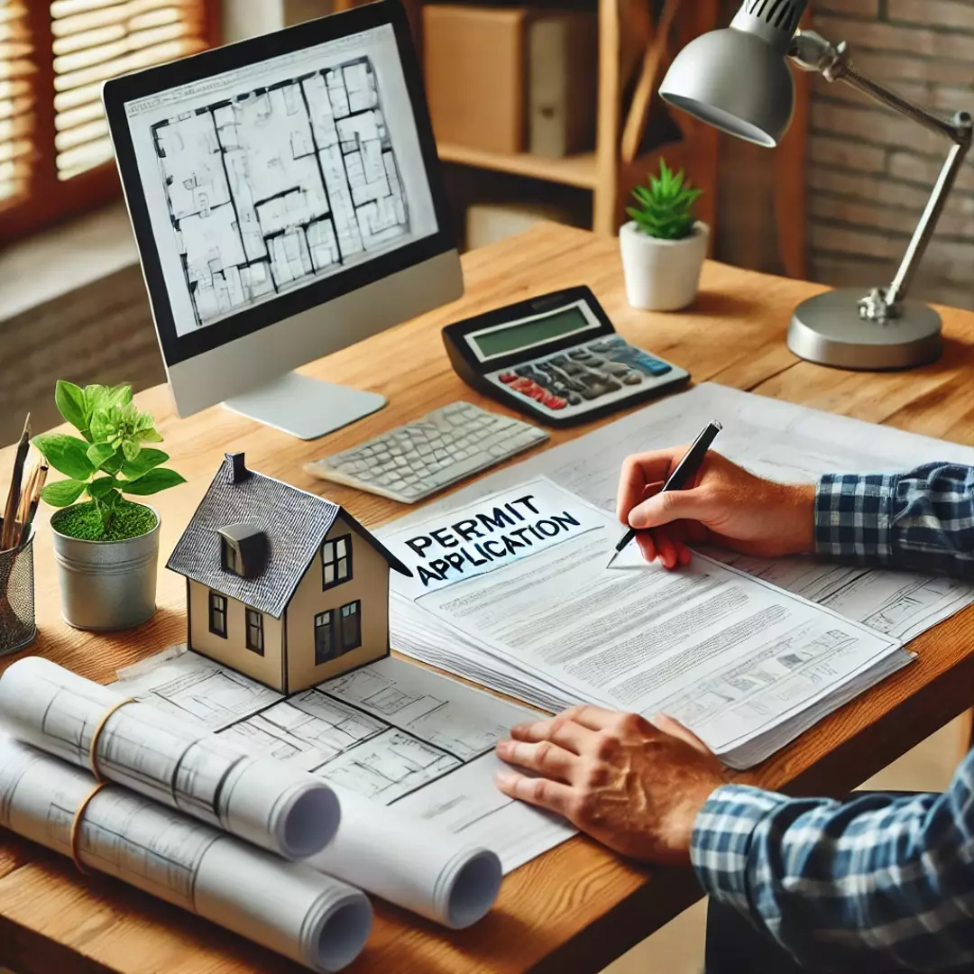 Homeowner preparing a permit application with detailed plans and documents.