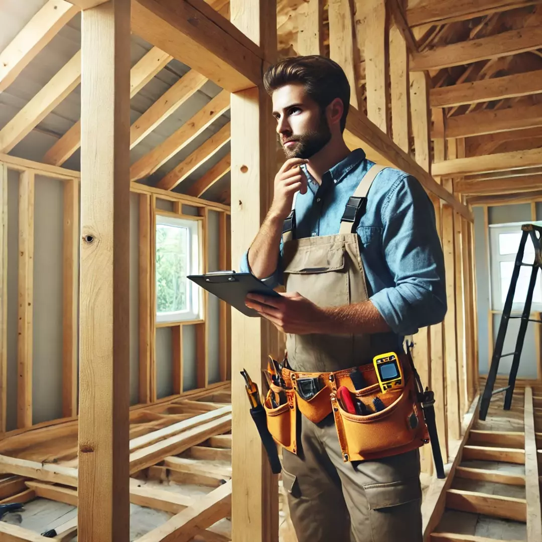 Building inspector examining the framing of a home renovation project.