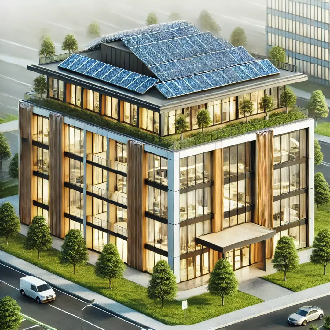 A green building with solar panels and a green roof, showcasing sustainable construction practices.