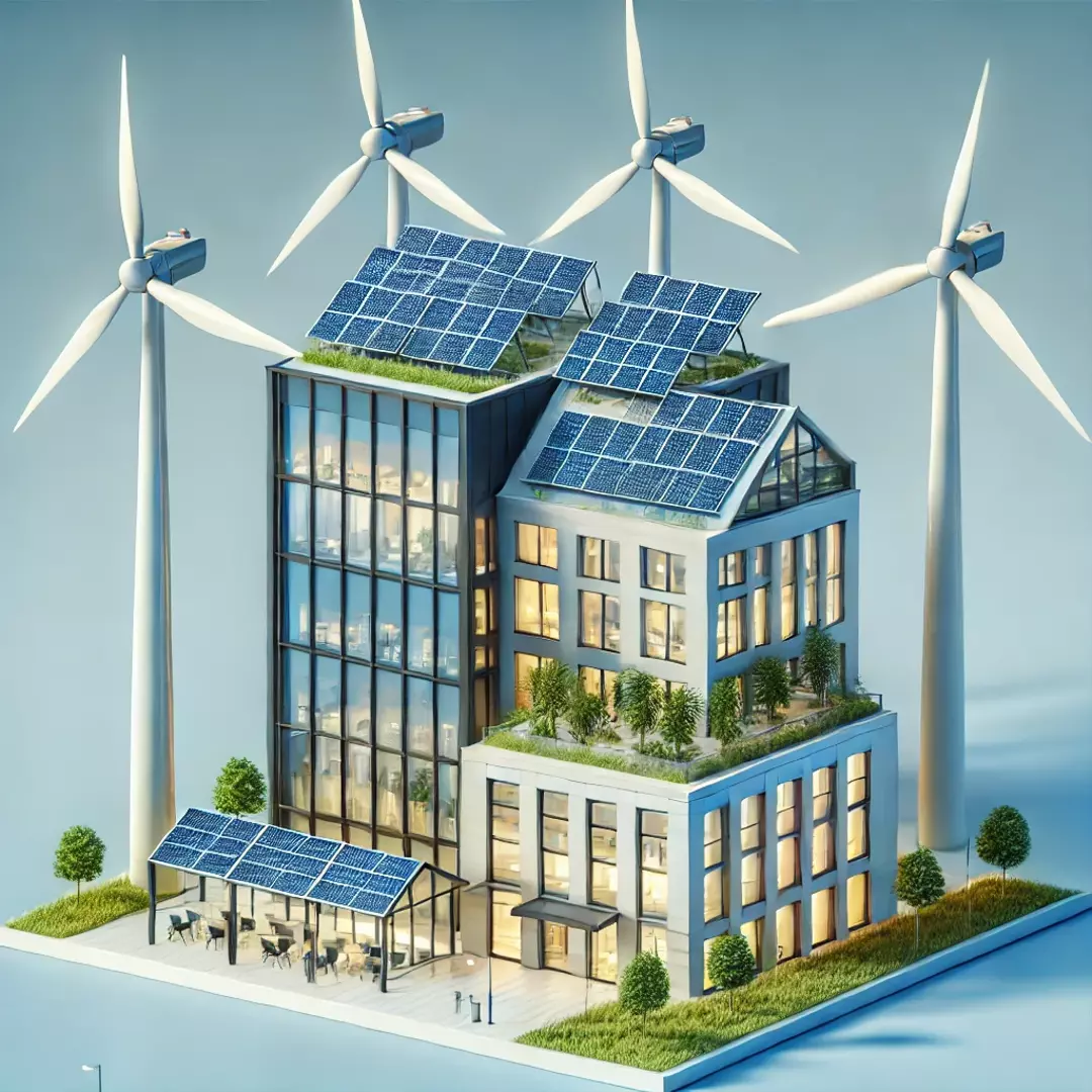 A building with solar panels and wind turbines, highlighting renewable energy integration.