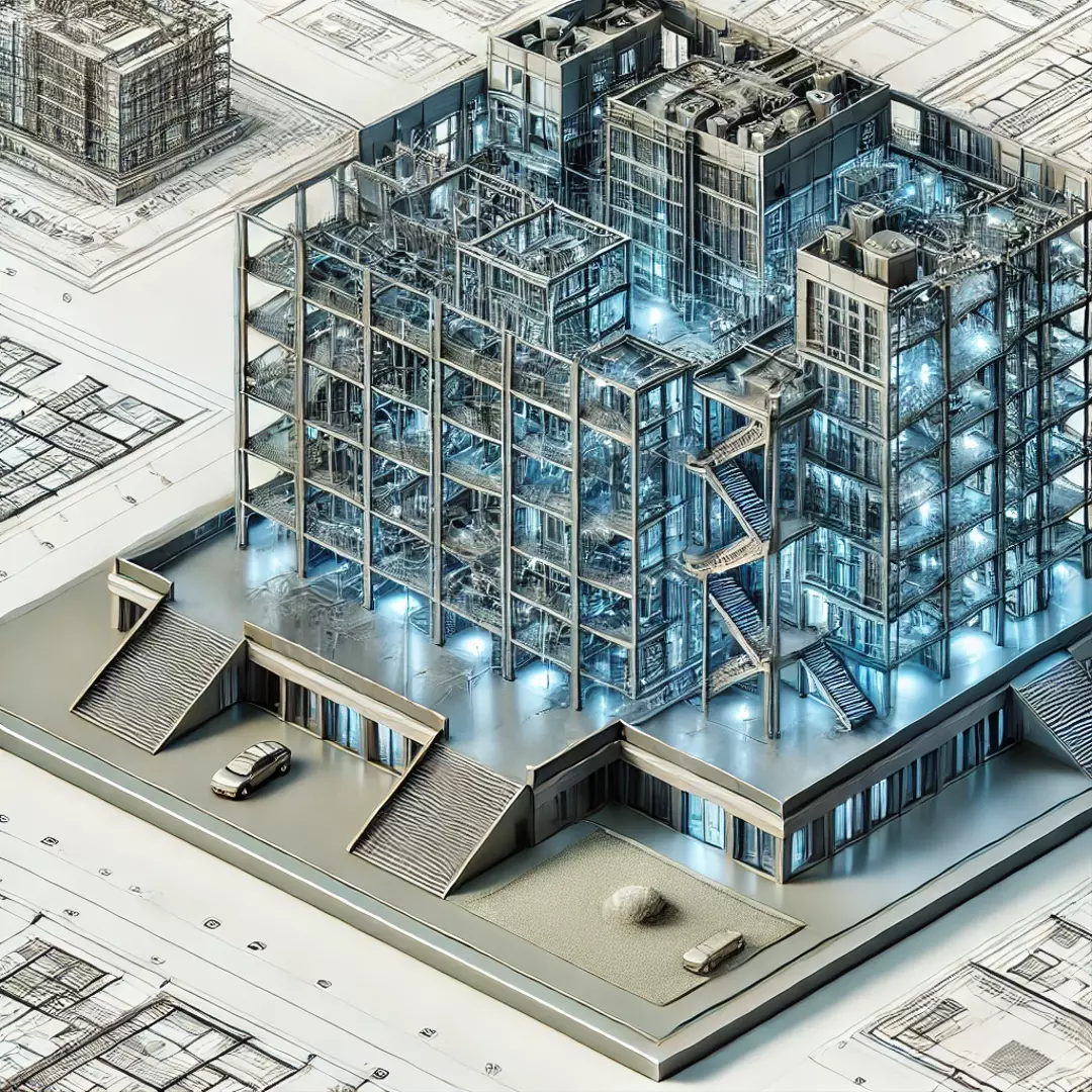 A digital 3D model of a building created using BIM technology.