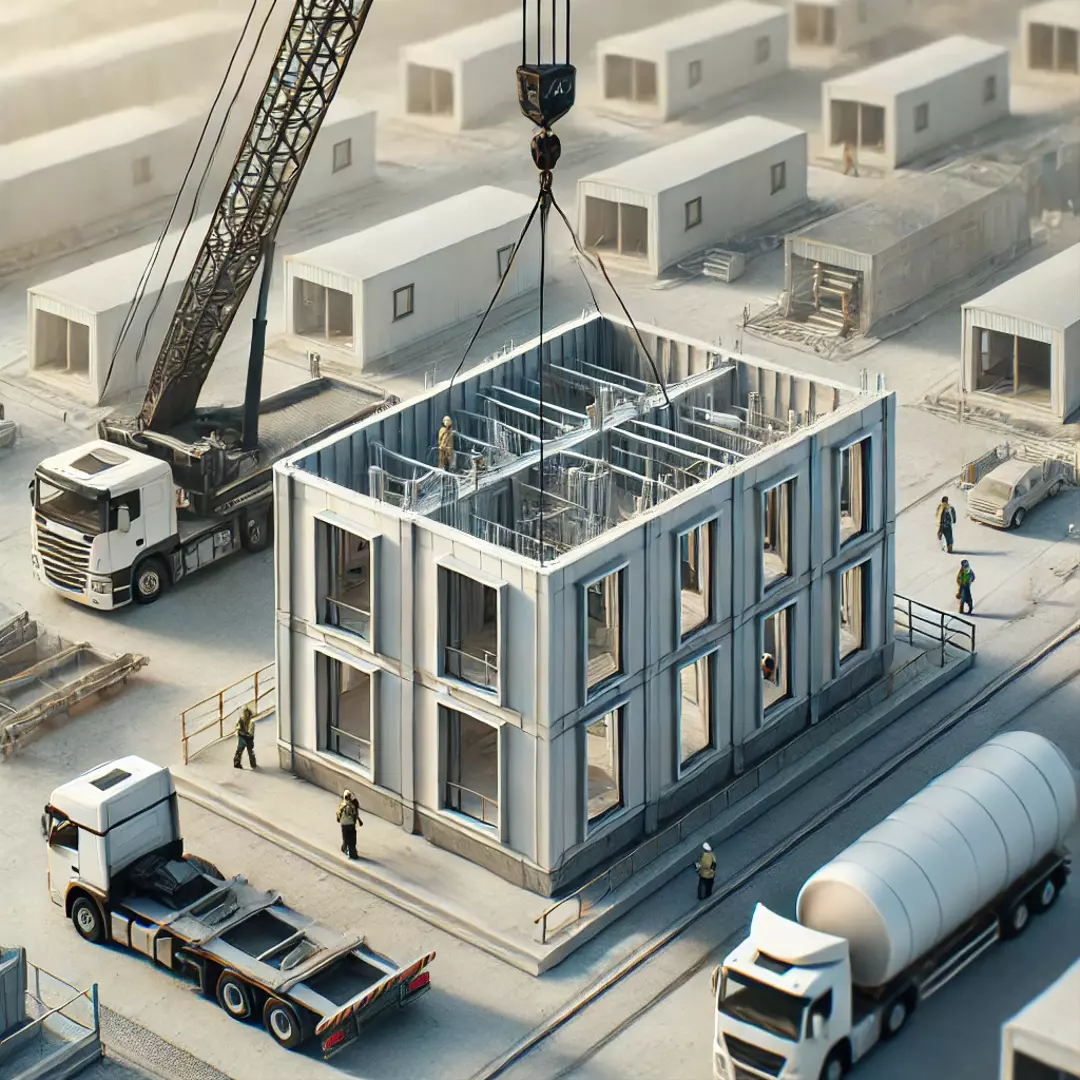 A prefabricated building module being installed at a construction site.