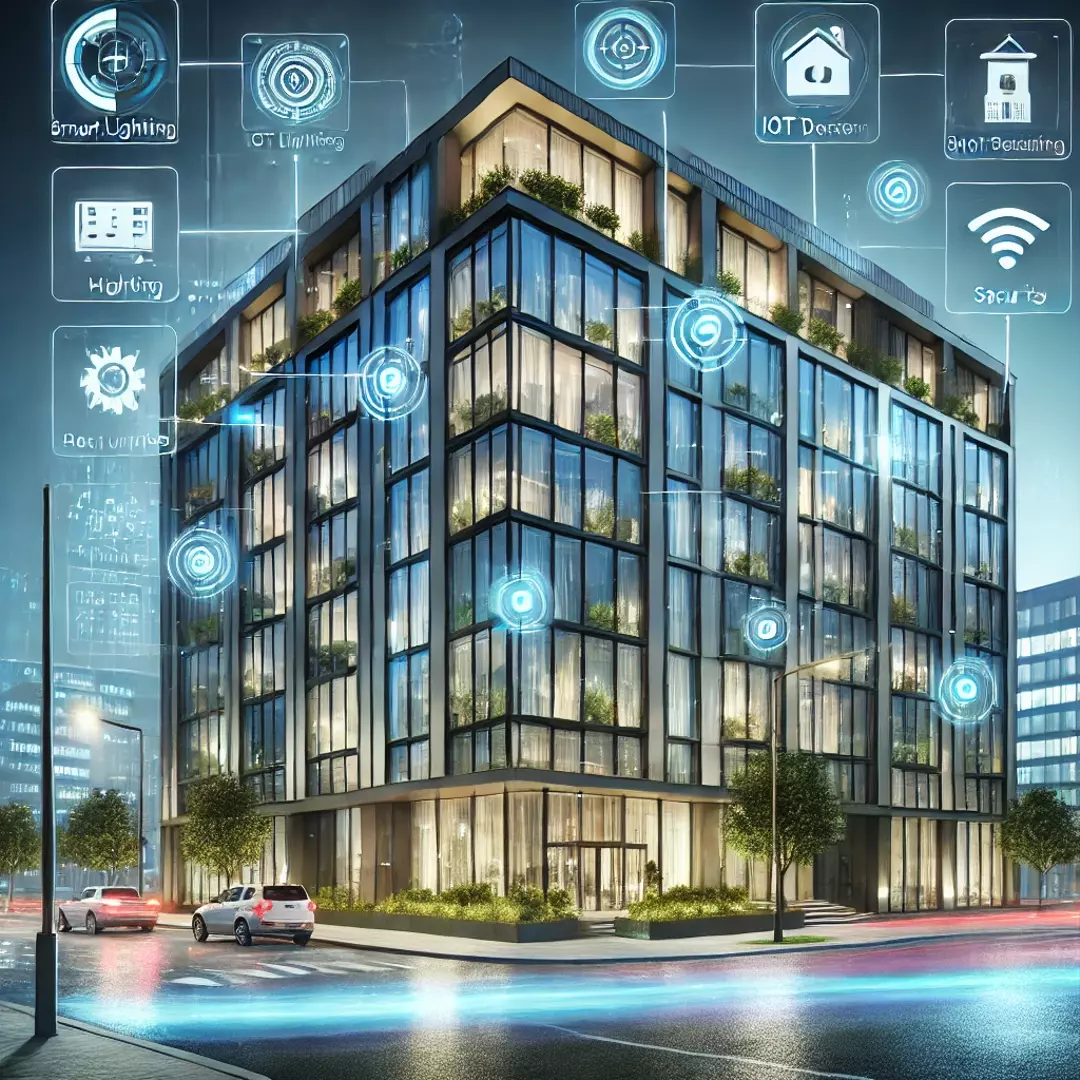 A smart building with IoT devices controlling various systems.