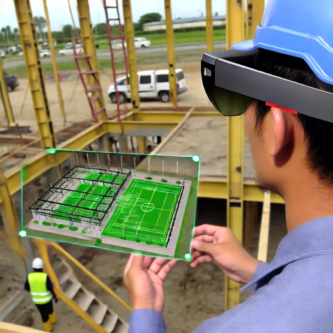 A construction worker using AR glasses to visualize building plans on-site.