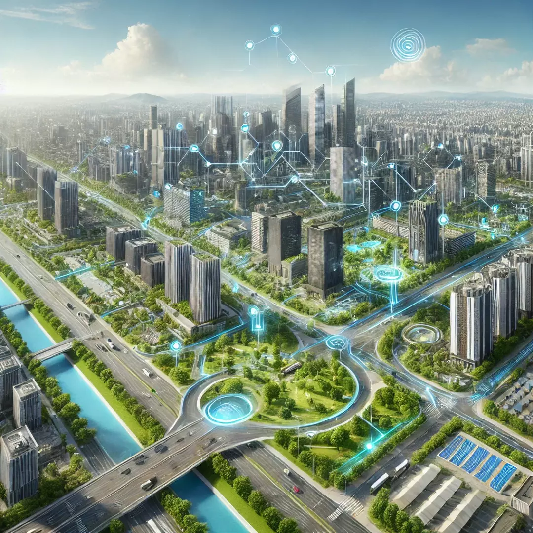 A cityscape with smart infrastructure and green spaces.