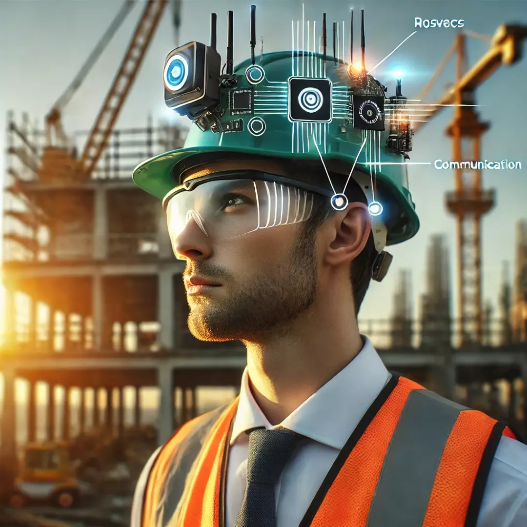 A construction worker wearing a smart helmet with safety features.