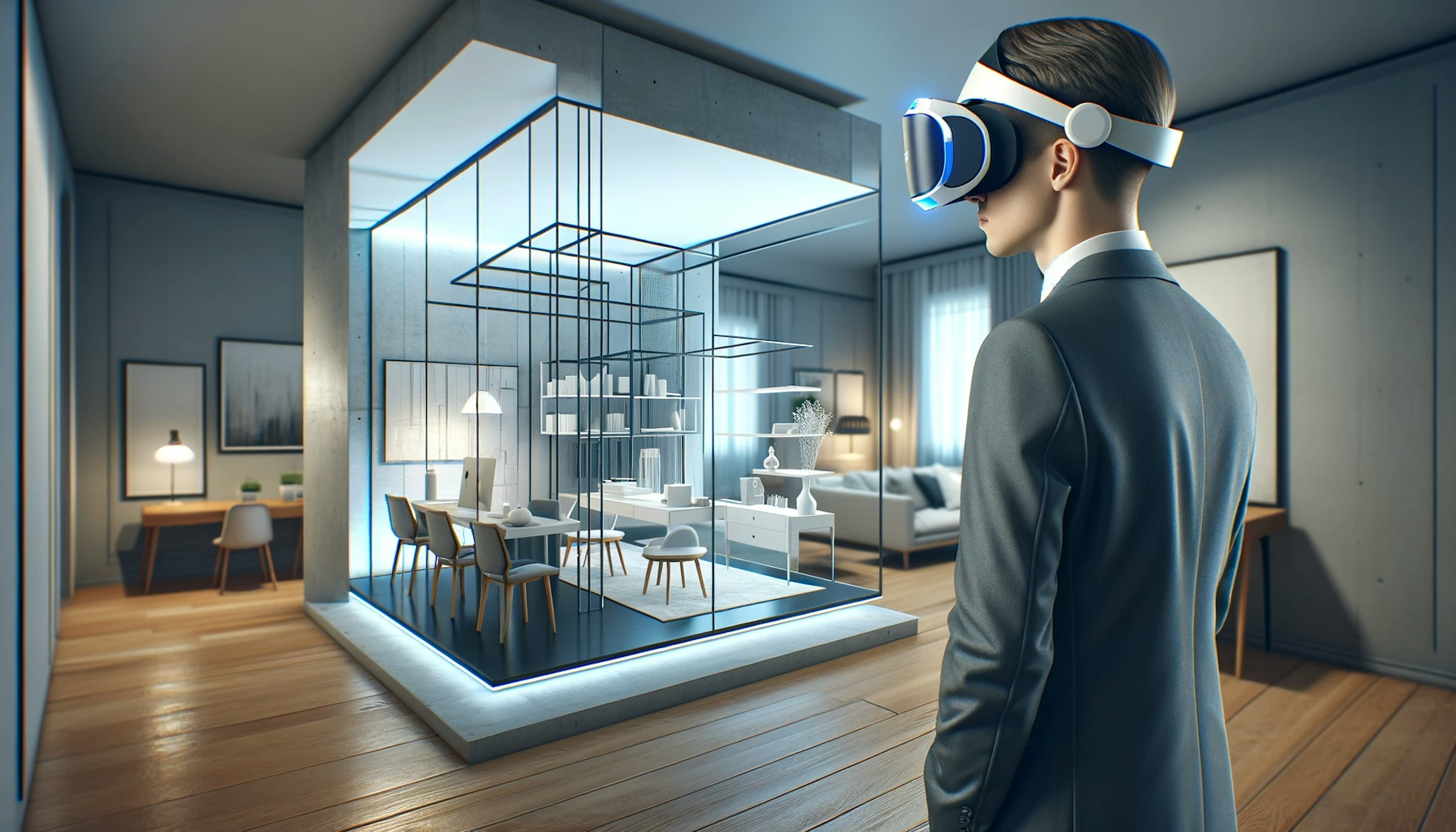 Client wearing a VR headset and exploring a virtual architectural model of a home interior