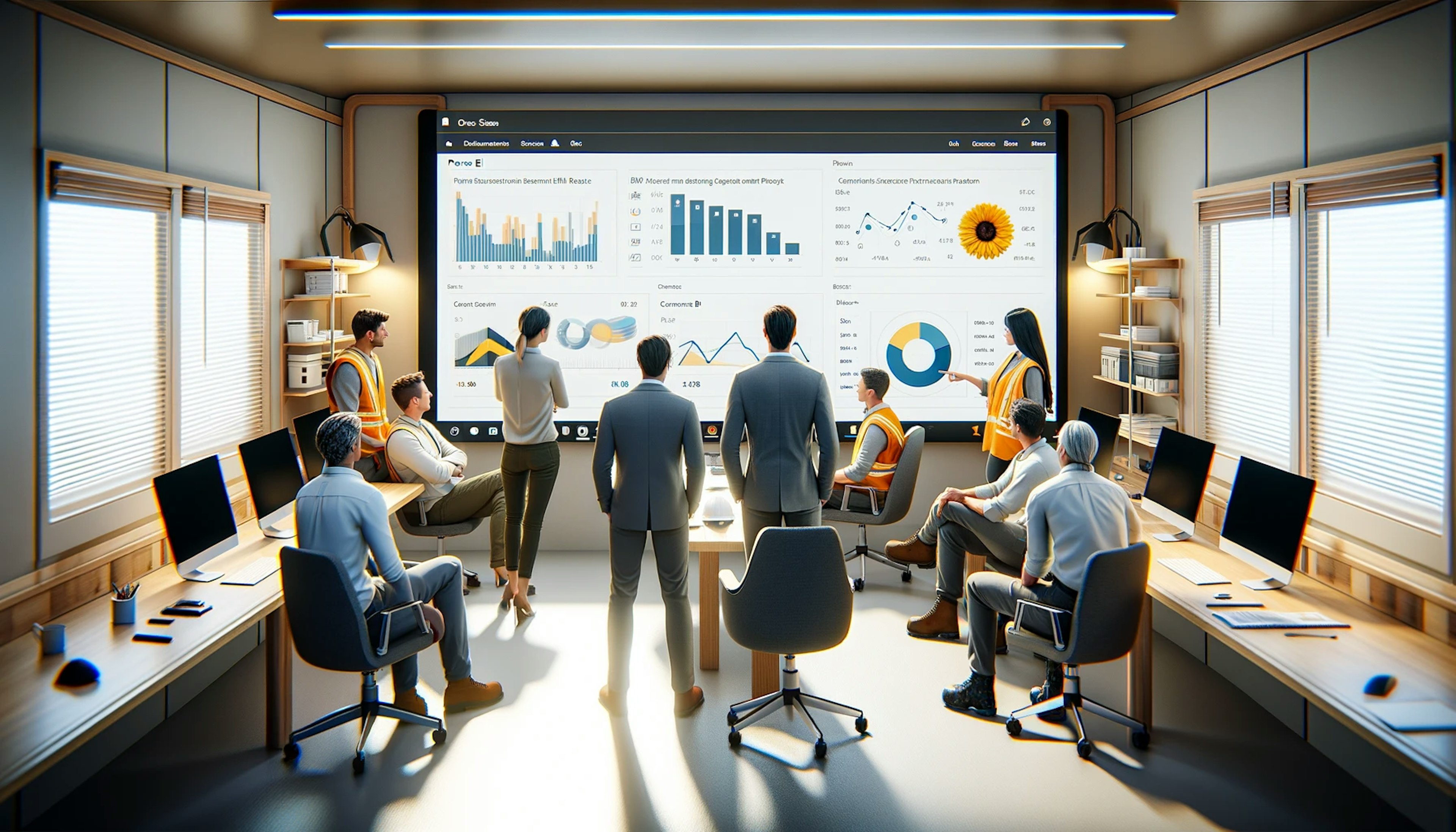 Construction team discussing insights from a Power BI dashboard