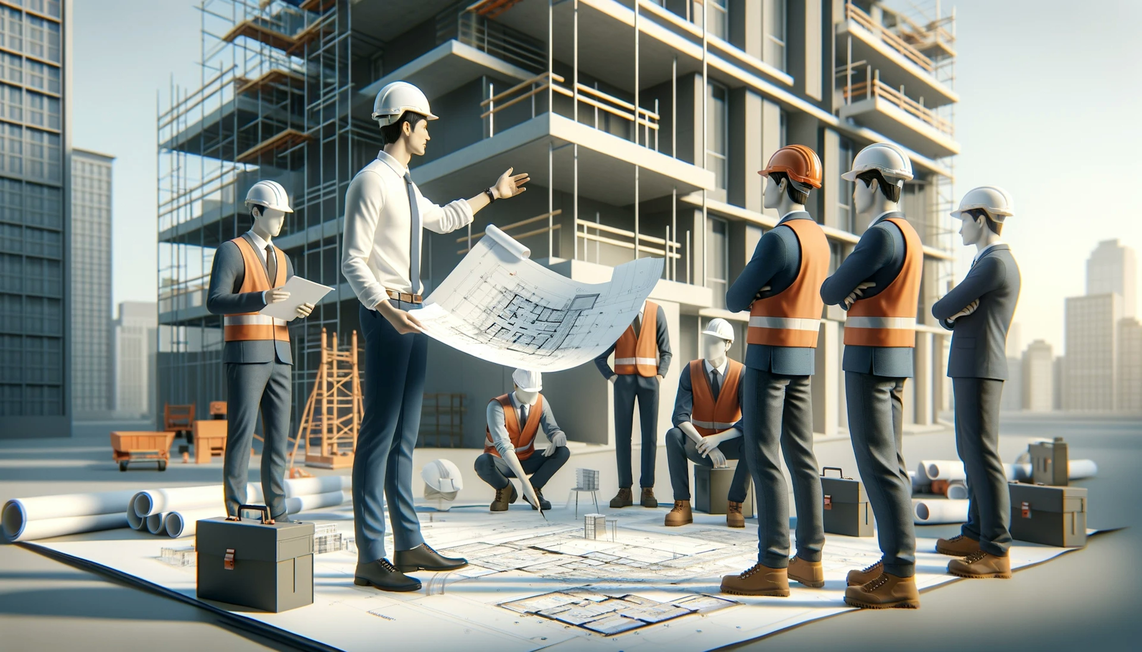 Architect explaining working drawings to a group of construction workers