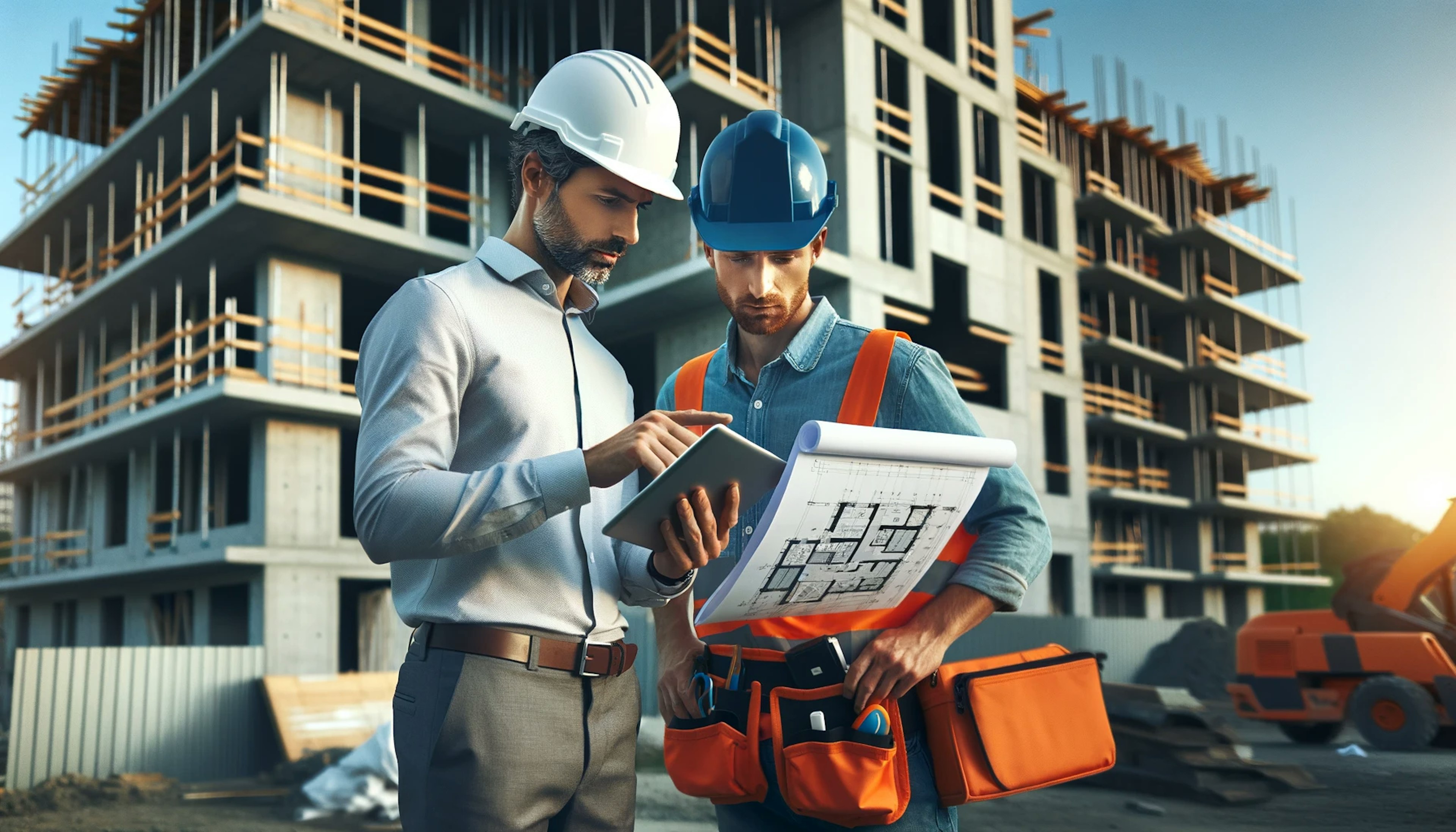 Architect and builder on-site, reviewing working drawings with a tablet